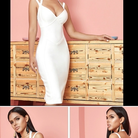 NEW! SEXY DOUBLE STRAP HALTER WHITE BANDAGE DRESS - Picture 2 of 4